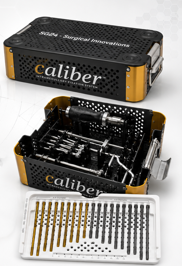CALIBER closed surgical tray, open instrument tray, and implant caddy